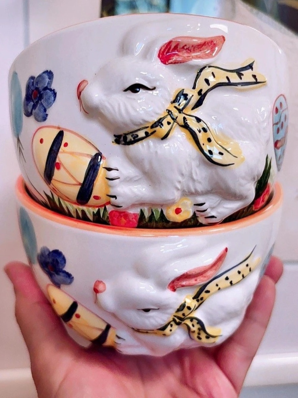 Ceramic Floral Rabbit Bowl Set of 2 Bunnies